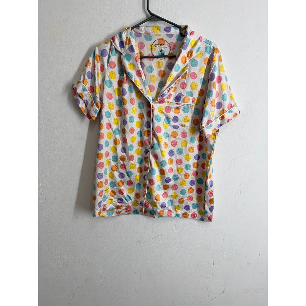 Jane Marie Smiley Face Pajama Top Short Sleeve Button Down Pastel Sleep Shirt M
